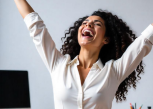 jeune femme joyeuse levant les bras avec un large sourire